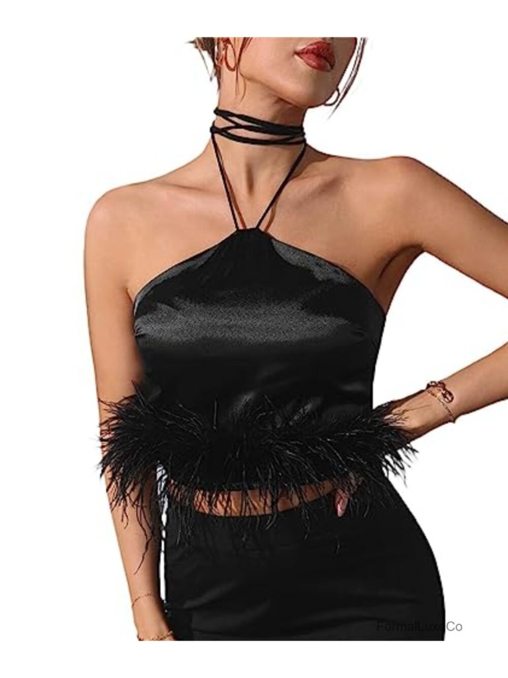 Women's Satin Halter Crop Top Faux Feather Camisole Tank Sleeveless Backless
